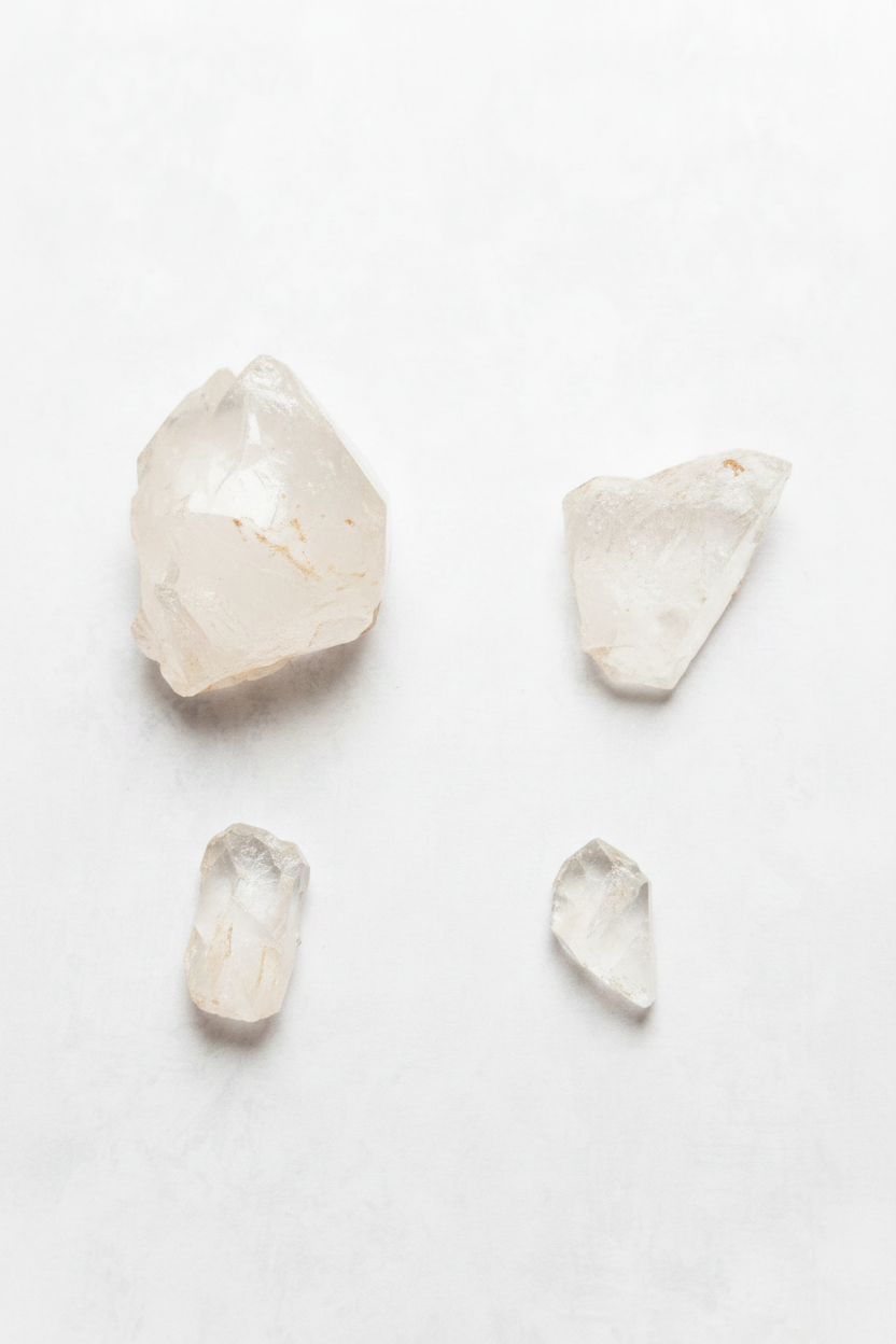 4 raw quartz crystals on bright white flat lay