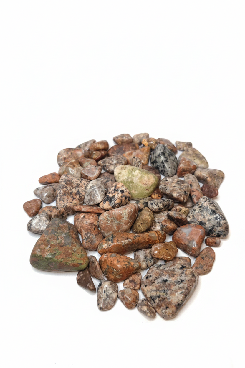 Agate pile angled on white background