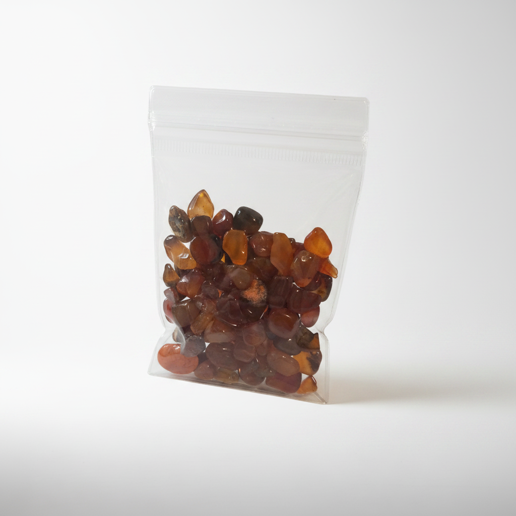 Carnelian Chips in Bag on White Background
