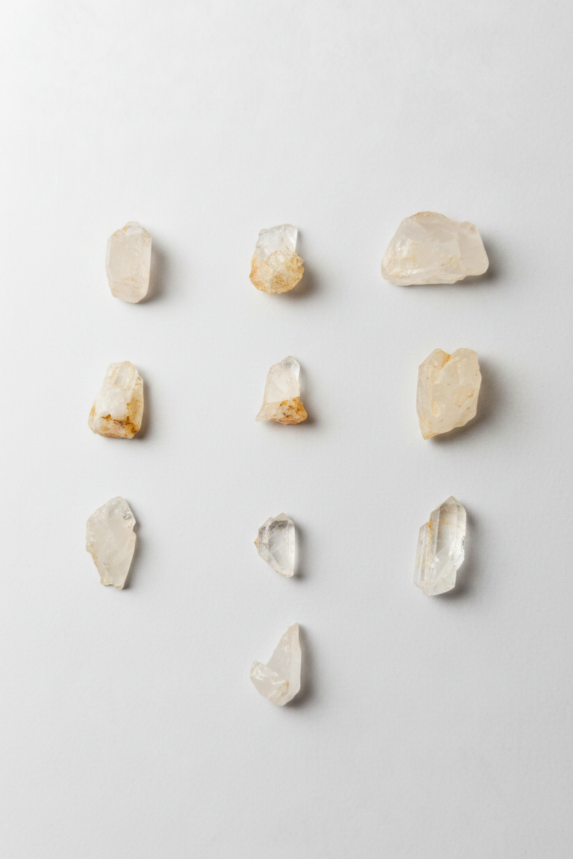 Crystal group on bright white flat lay