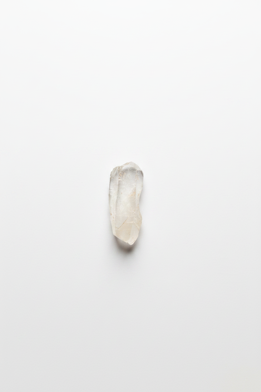 Elongated raw crystal on bright white flat lay