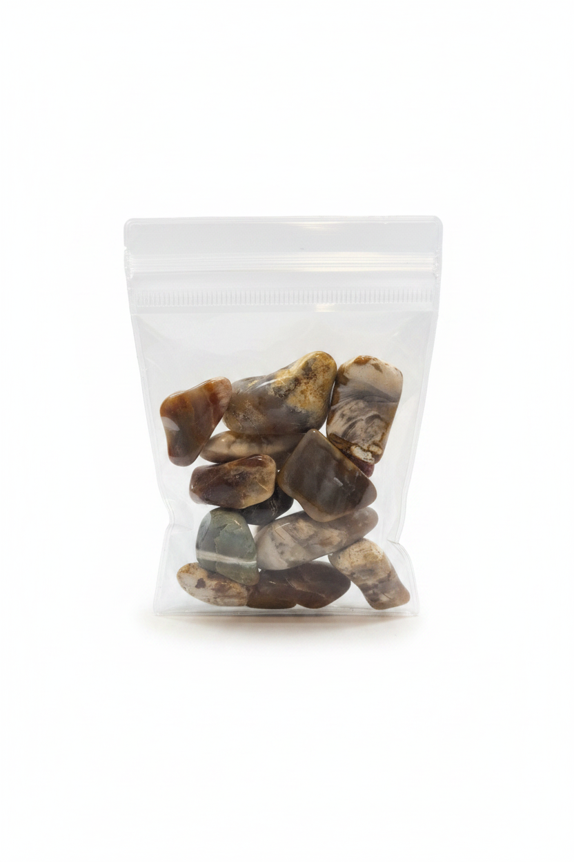 Exact agate stones in bag on white background