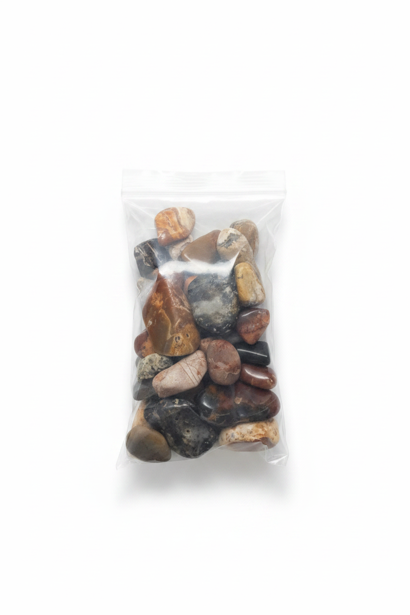 Flat bag of mixed agate stones on white background