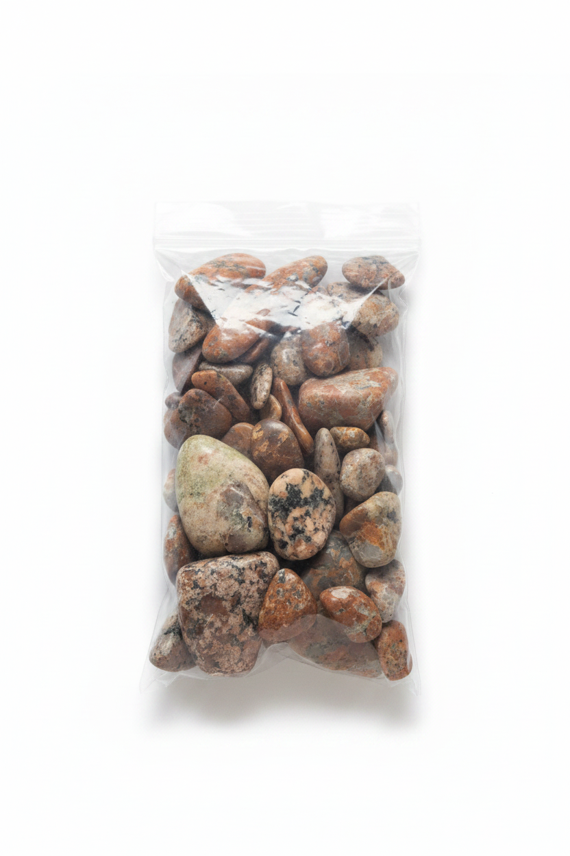 Large bag of agate stones on white background