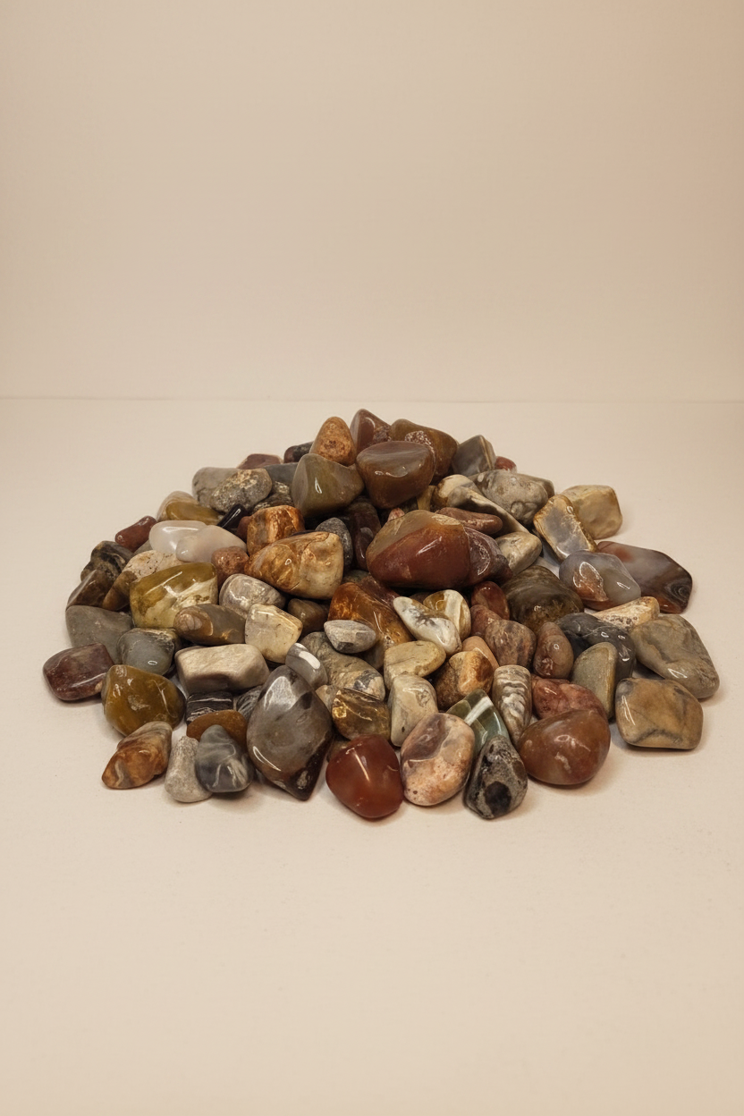 Mixed tumbled agates pile on warm white background