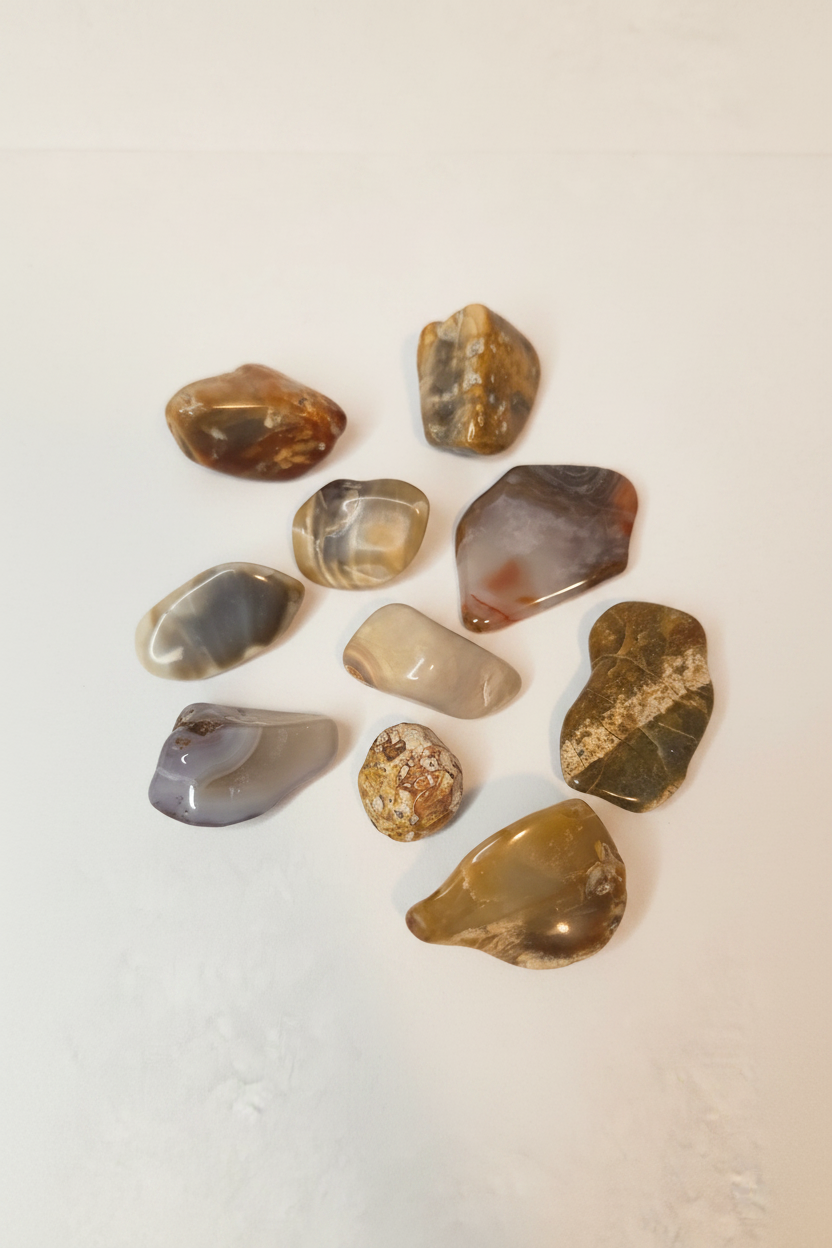 Mixed tumbled agates scattered on warm white background