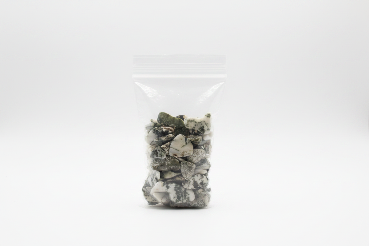 Moss agate larger bag white background