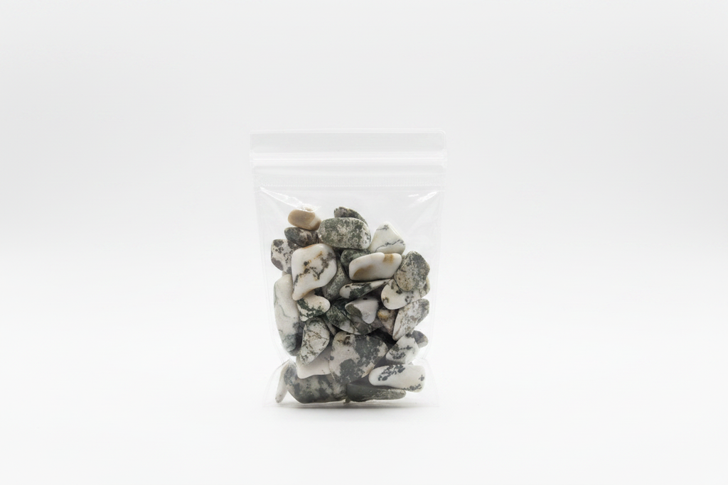 Moss agate small bag white background