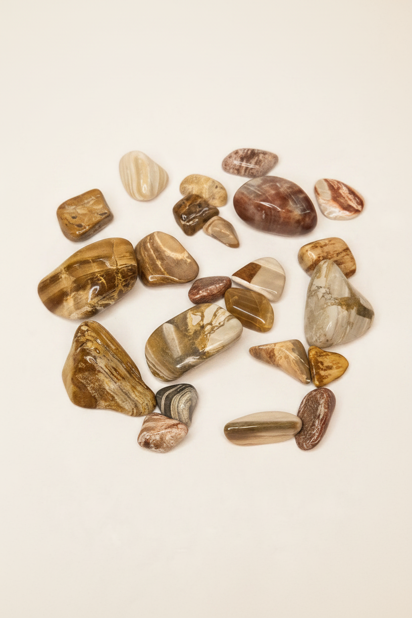 Petrified wood stones spread on soft warm off-white background