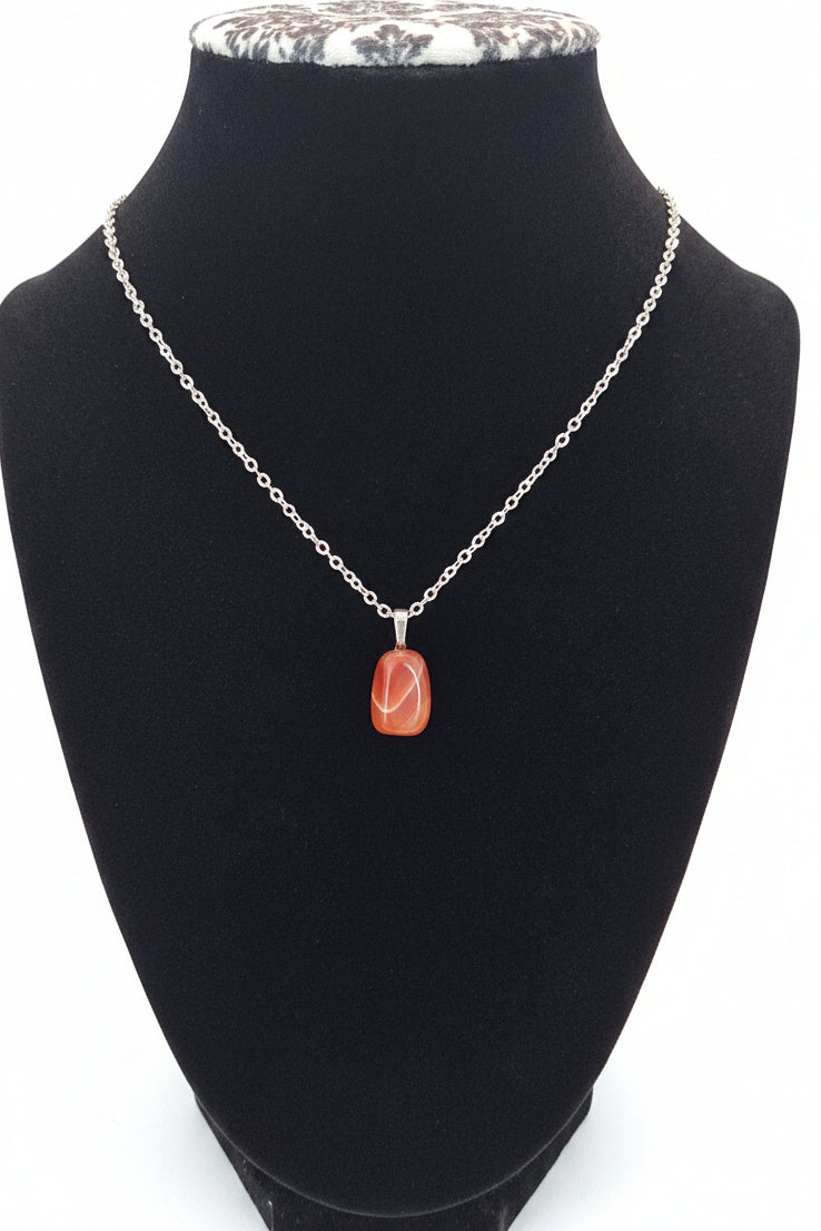 Tumbled Carnelian Pendant Necklace – Stainless Steel  Chain