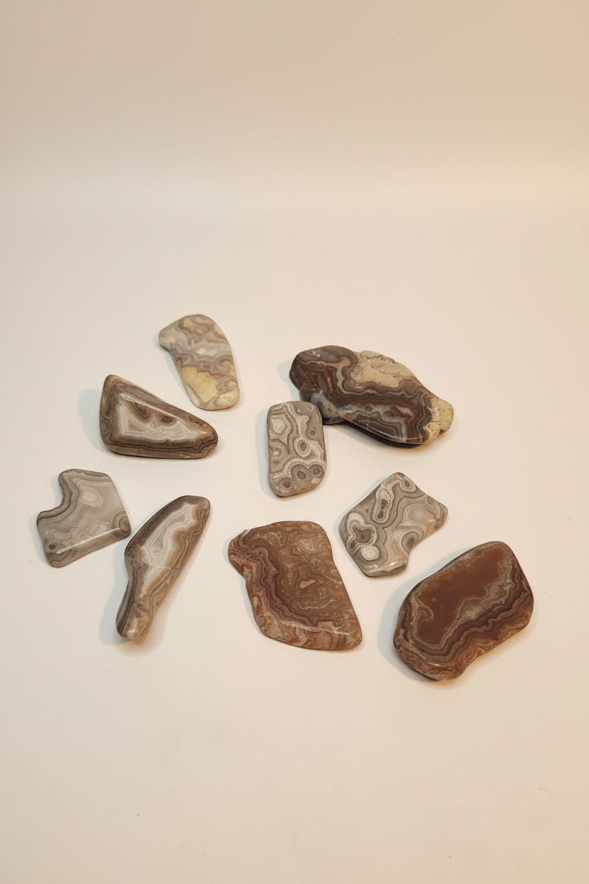 Scattered agate stones on bright white background