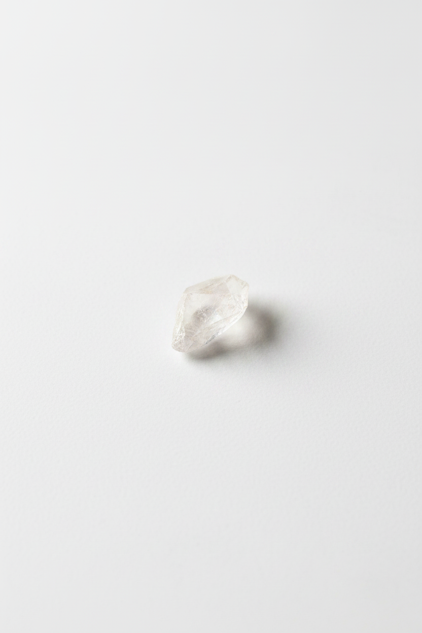 Single raw quartz crystal on bright white flat lay