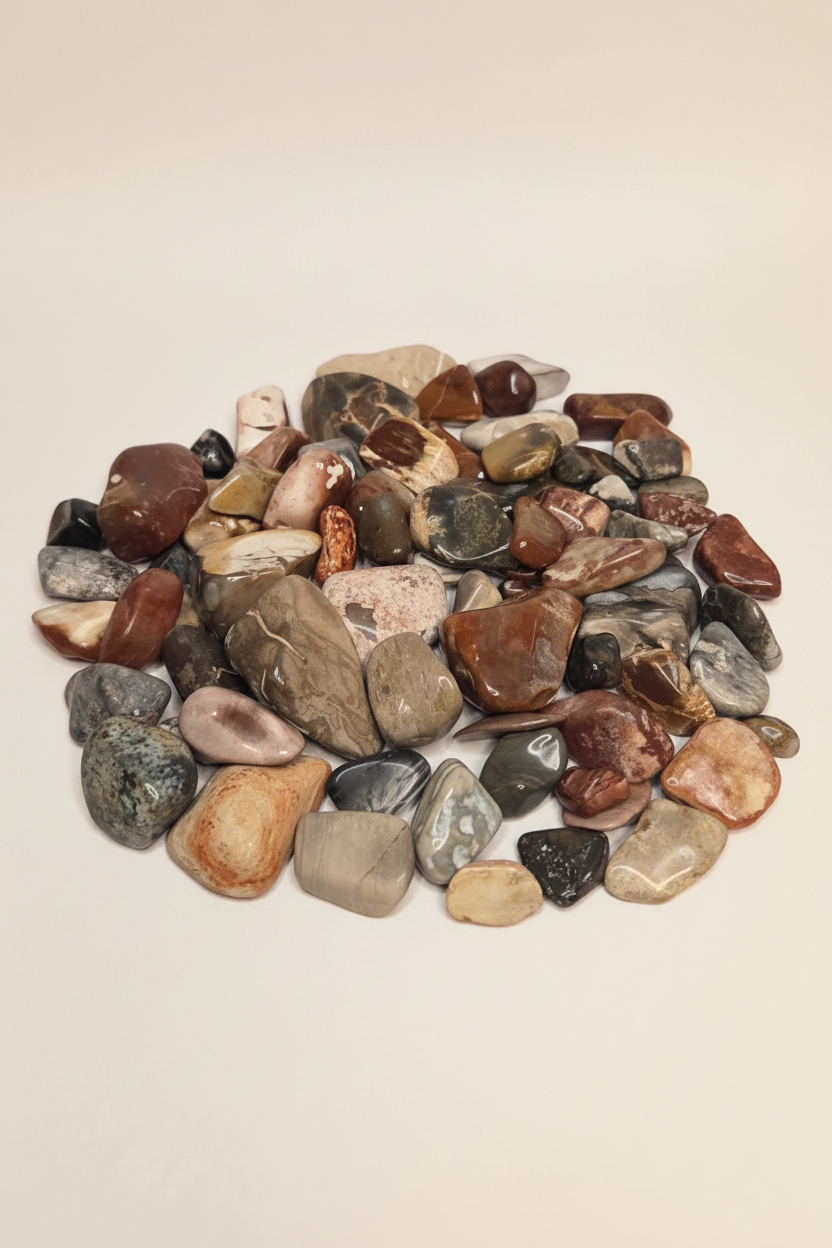 Tumbled stones close-up soft warm off-white background