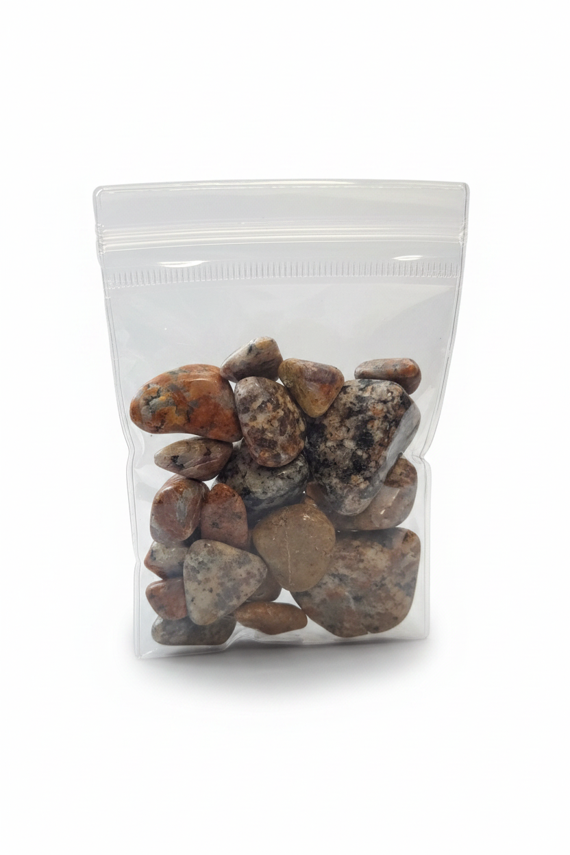 Upright bag of agate stones on white background
