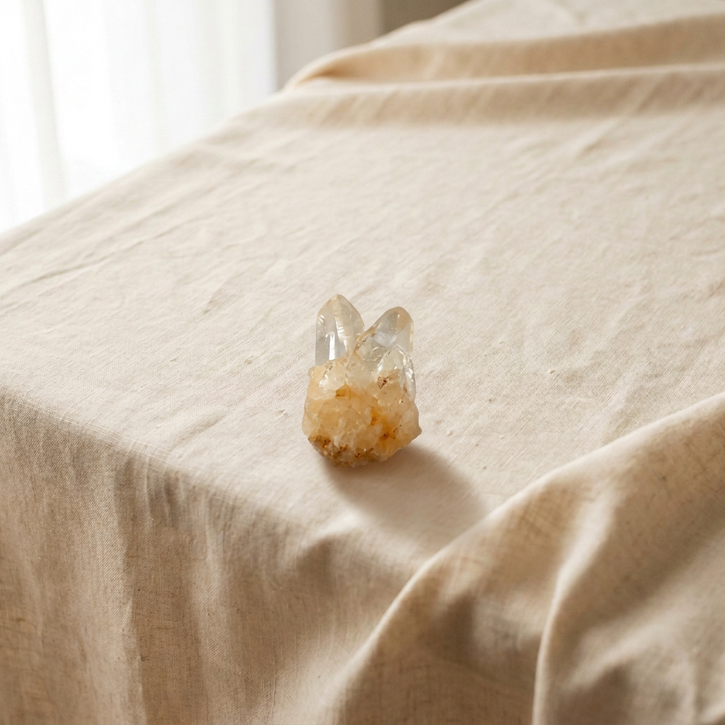 Your raw crystal cluster placed on the cream linen backdrop with a soft natural shadow
